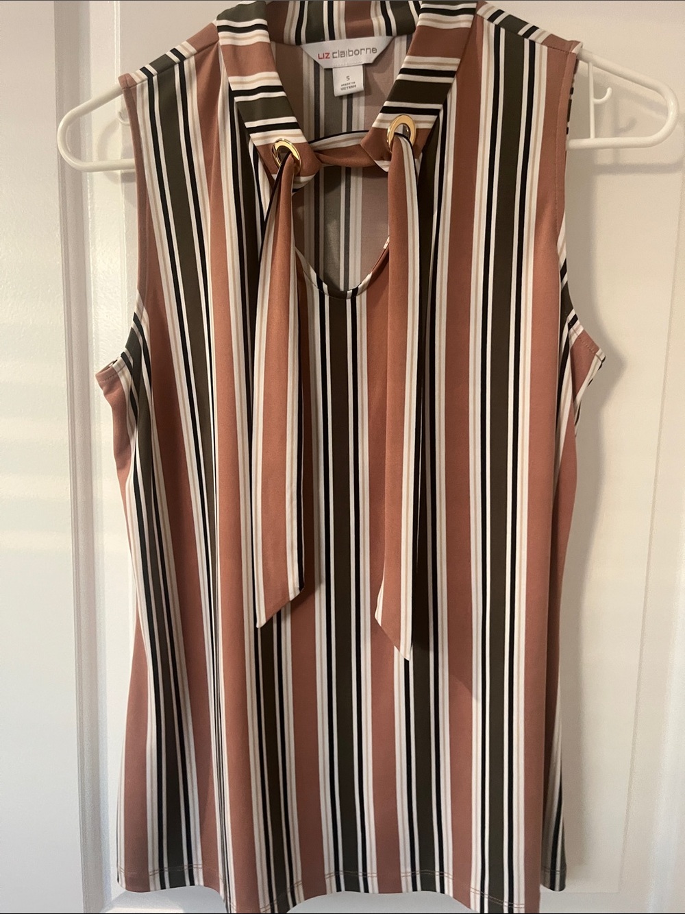 Liz Claiborne Sleeveless Tie-Neck Blouse in Rust, Olive green  & cream Stripes